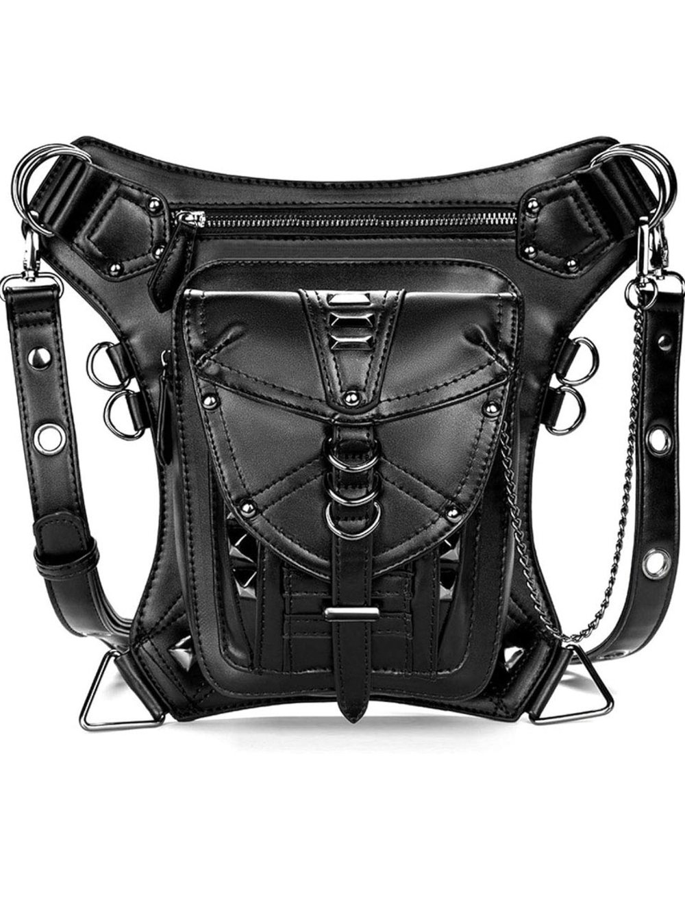 Steampunk Gothic Black Vegan Leather Utility Hip Bag - Multi-Pocket Crossbody